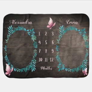 Cute rustic watercolor twin baby girl milestone ba blanket