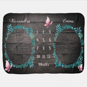 Cute rustic watercolor twin baby girl milestone baby blanket
