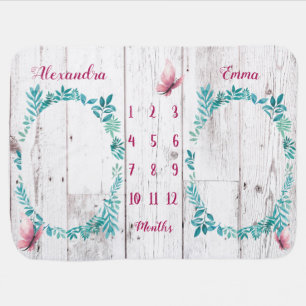 Cute rustic watercolor twin baby girl milestone baby blanket