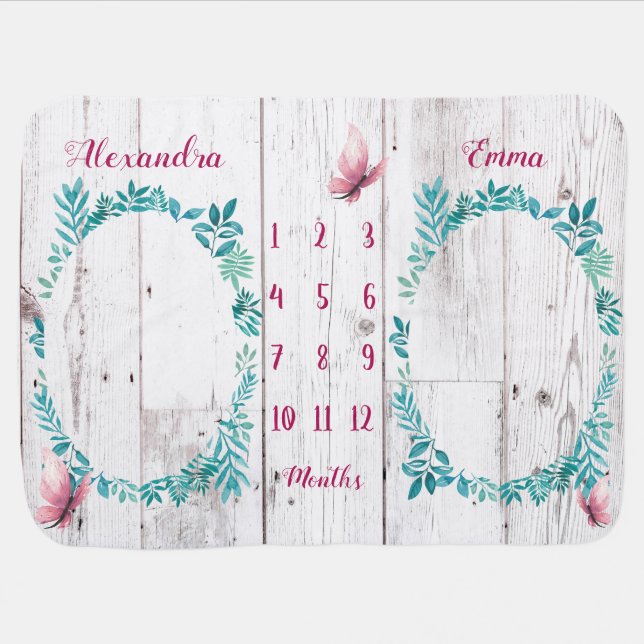 Cute rustic watercolor twin baby girl milestone blanket (Horizontal)