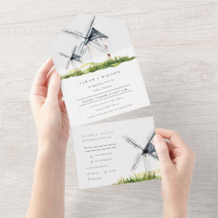 Cute Rustic Watercolor Windmill Farm Theme Wedding All In One Invitation