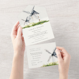 Cute Rustic Watercolor Windmill Farm Theme Wedding All In One Invitation