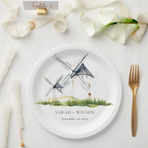 Cute Rustic Watercolor Windmill Farm Theme Wedding Paper Plates