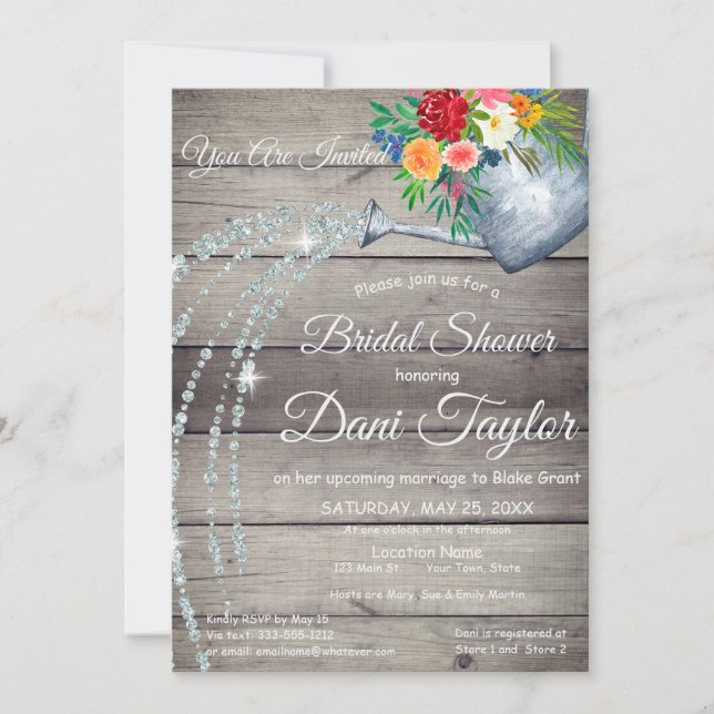 Cute Rustic Watering Can Floral Bridal Shower Invitation (Front)