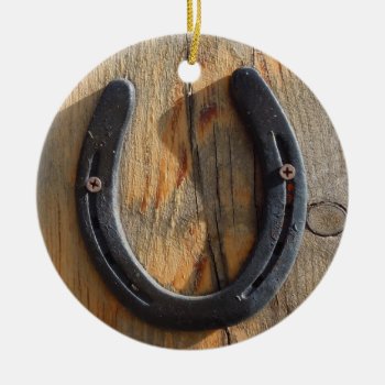Cute Rustic Western Good Luck Horseshoe Wood Look Ceramic Ornament by She_Wolf_Medicine at Zazzle