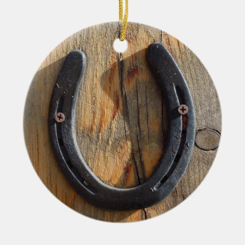 Cute Rustic Western Good Luck Horseshoe Wood Look Ceramic Ornament