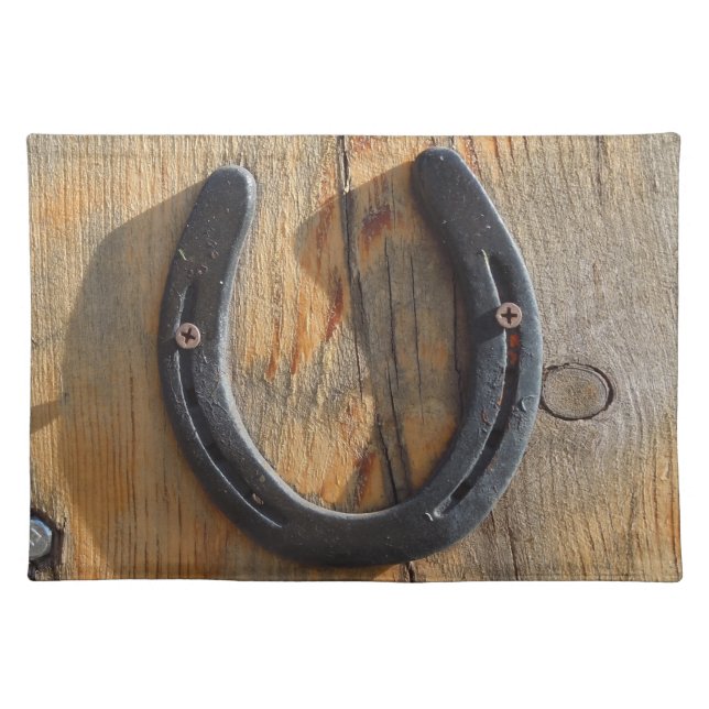 Cute Rustic Western Good Luck Horseshoe Wood Look Cloth Placemat (Front)