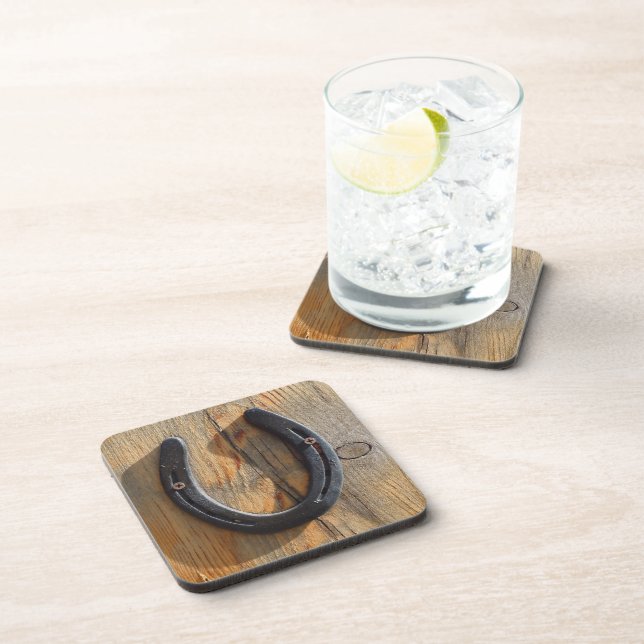 Cute Rustic Western Good Luck Horseshoe Wood Look Drink Coaster (Right Side)