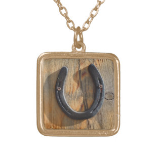 Cute Rustic Western Good Luck Horseshoe Wood Look Gold Plated Necklace
