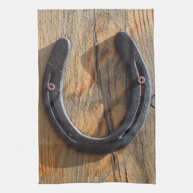 Cute Rustic Western Good Luck Horseshoe Wood Look Kitchen Towel (Vertical)