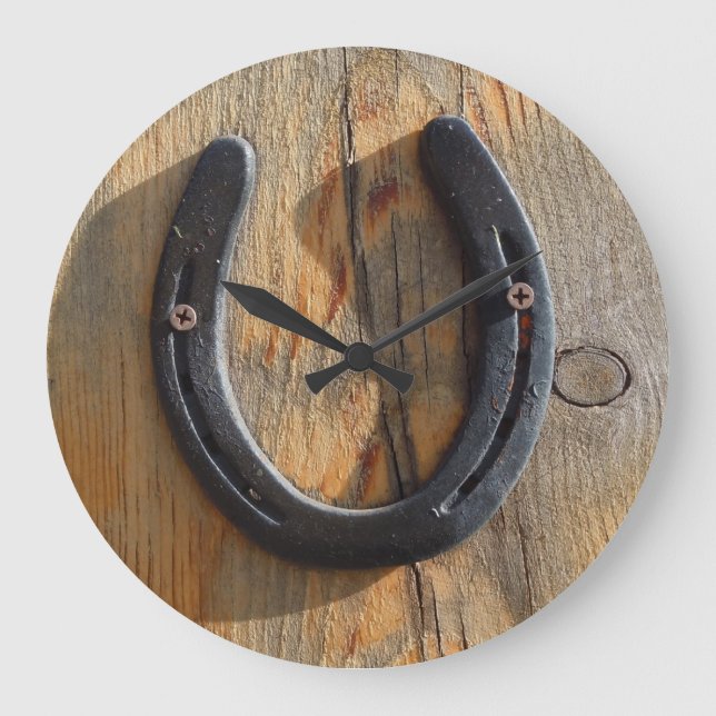 Cute Rustic Western Good Luck Horseshoe Wood Look Large Clock (Front)