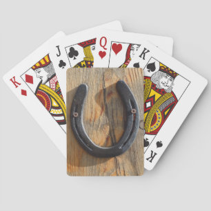 Cute Rustic Western Good Luck Horseshoe Wood Look Poker Cards