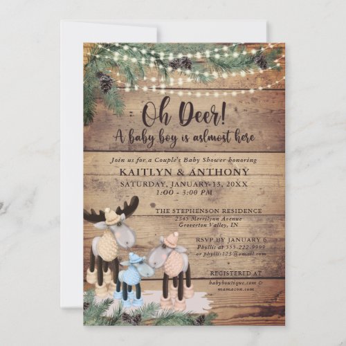 Cute Rustic Winter Deer Couple Baby Boy Shower Invitation