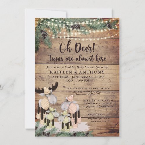 Cute Rustic Winter Deer Couple Baby Shower Twins Invitation