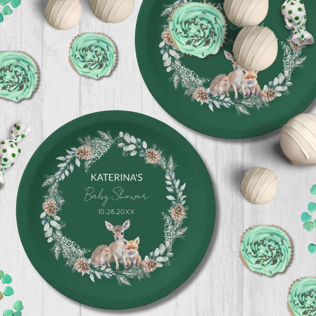 Cute Rustic Winter Woodland Animals Baby Shower Paper Plates (This emeral green, rustic, woodland party plate is perfect for a winter baby shower.)