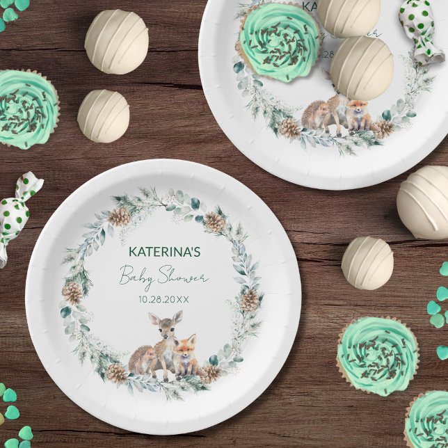 Cute Rustic Winter Woodland Animals Baby Shower Paper Plates (These cute party plates match my Rustic Cuties woodland animal baby shower collection.)