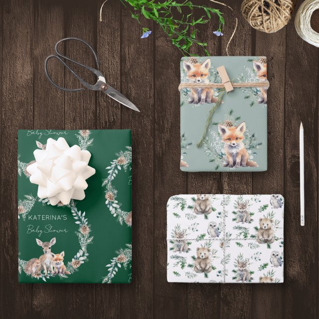 Cute Rustic Winter Woodland Animals Baby Shower Wrapping Paper Sheets (This cute set of baby shower gift wrap features woodland animals and winter greenery.)