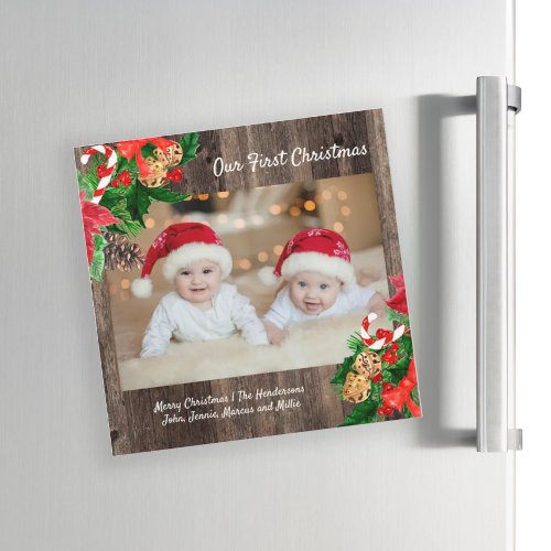 Cute Rustic Wood Babys First Christmas Photo