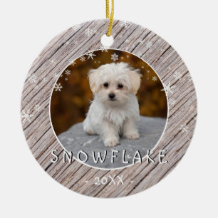 Cute Rustic Wood Dog Puppy 1st Christmas Photo Ceramic Ornament