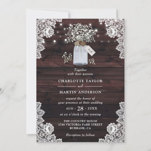 Cute Rustic Wood Mason Jar Floral Wedding Invitation