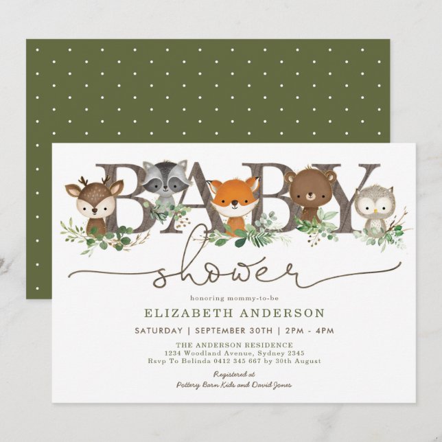 Cute Rustic Woodland Animals Botanical Baby Shower Invitation (Front/Back)