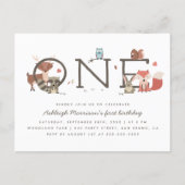 Cute Rustic Woodland Animals First Birthday Party Invitation Postcard (Front)