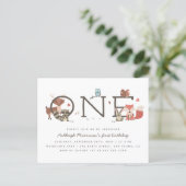 Cute Rustic Woodland Animals First Birthday Party Invitation Postcard (Standing Front)