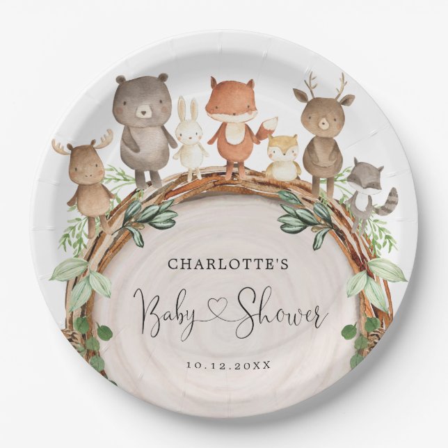 Cute Rustic Woodland Animals Forest Baby Shower Paper Plates (Front)