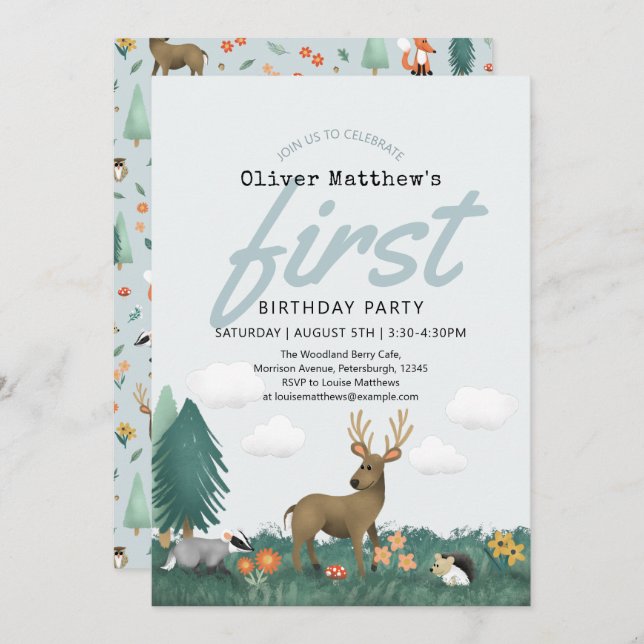 Cute & Rustic Woodland Forest Animals 1st Birthday Invitation (Front/Back)