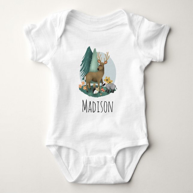 Cute & Rustic Woodland Forest Animals Baby Bodysuit (Front)