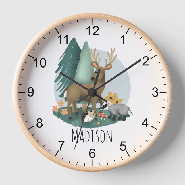 Cute Rustic Woodland Forest Animals Baby Nursery Clock (Front)
