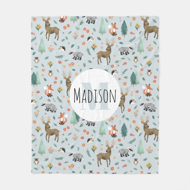 Cute Rustic Woodland Forest Animals Kids Monogram Fleece Blanket (Front)