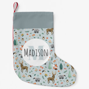 Cute Rustic Woodland Forest Animals Kids Monogram Small Christmas Stocking