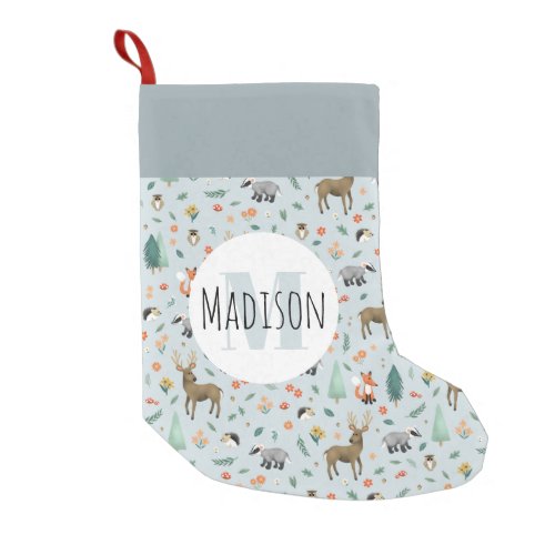 Cute Rustic Woodland Forest Animals Kids Monogram Small Christmas Stocking