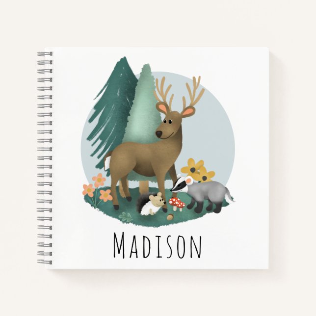 Cute Rustic Woodland Forest Animals Kids School Notebook (Front)