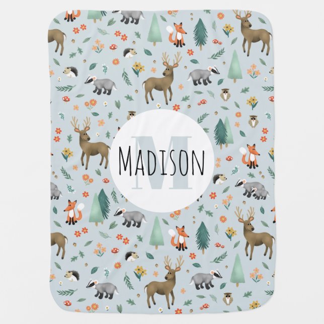 Cute & Rustic Woodland Forest Animals Monogram Baby Blanket (Front)