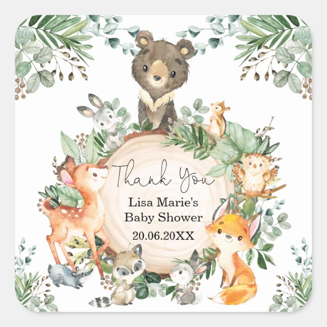 Cute Rustic Woodland Greenery Baby Animals Favors Square Sticker (Front)
