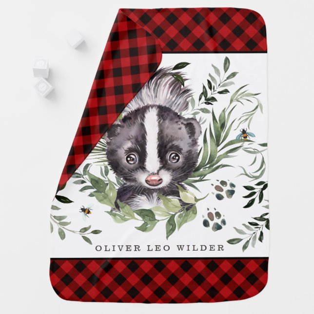 Cute Rustic Woodland Skunk Plaid Monogram Baby Blanket (In Situ)