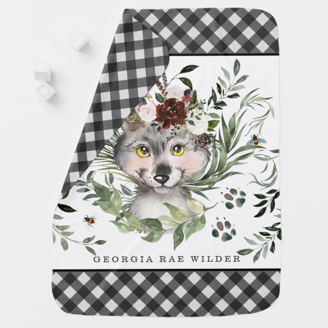 Cute Rustic Woodland Wolf Plaid Monogram Baby Blanket (In Situ)