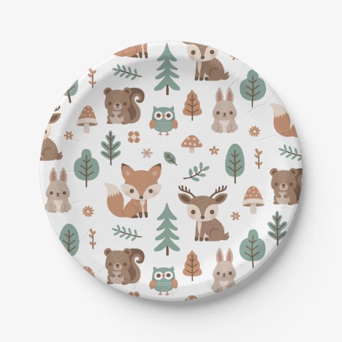 Cute Rustic Woodlands Animals Pattern Baby Shower Paper Plates
