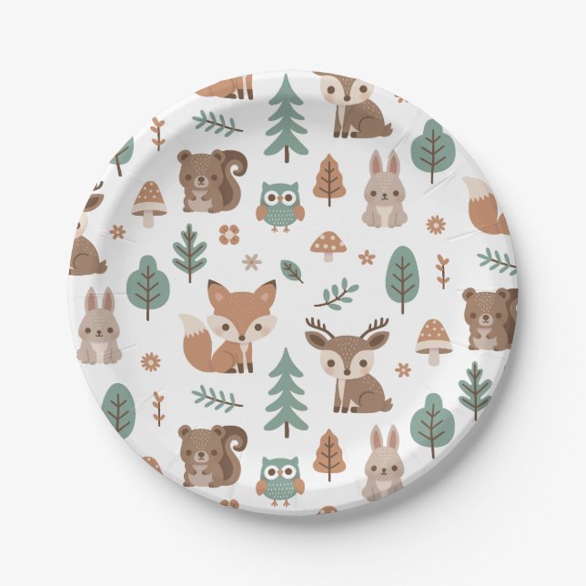 Cute Rustic Woodlands Animals Pattern Baby Shower Paper Plates (Front)