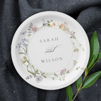 Cute Rustic Yellow Meadow Floral Wreath Wedding Paper Plates