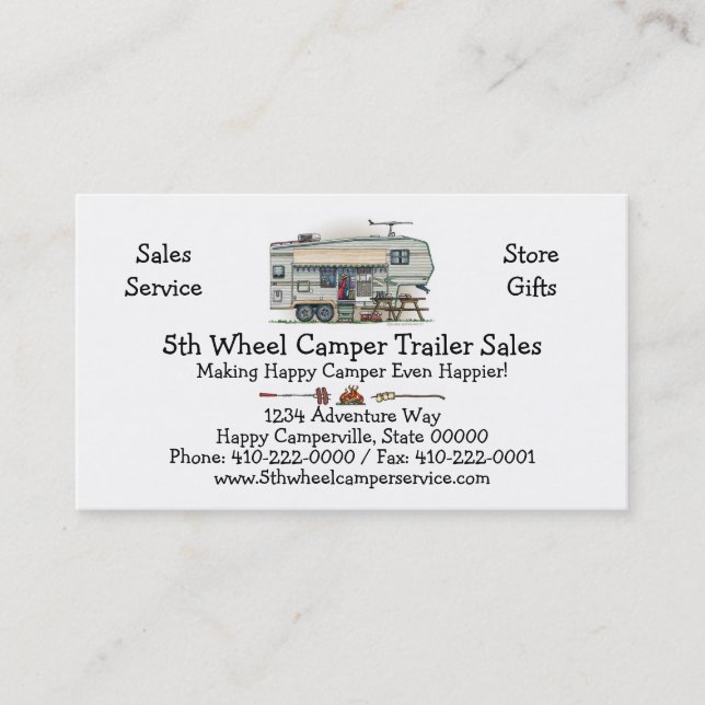 Cute RV Vintage Fifth Wheel Camper Travel Trailer Business Card (Front)