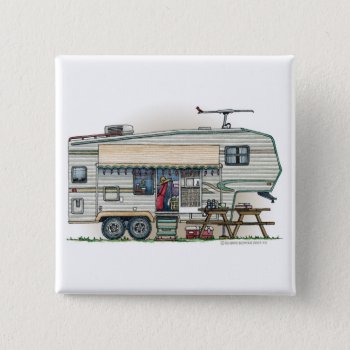 Cute Rv Vintage Fifth Wheel Camper Travel Trailer Button by art1st at Zazzle