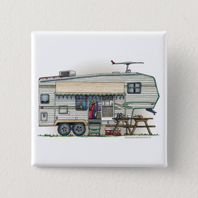Cute RV Vintage Fifth Wheel Camper Travel Trailer Button (Front)