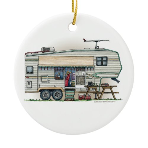 Cute RV Vintage Fifth Wheel Camper Travel Trailer Ceramic Ornament