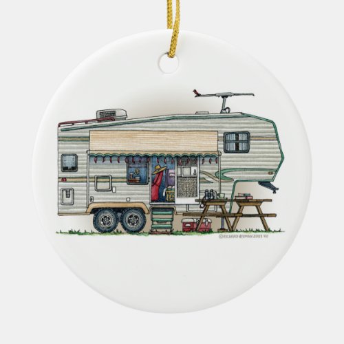 Cute RV Vintage Fifth Wheel Camper Travel Trailer Ceramic Ornament