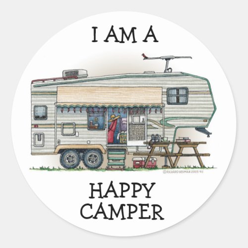 Cute RV Vintage Fifth Wheel Camper Travel Trailer Classic Round Sticker