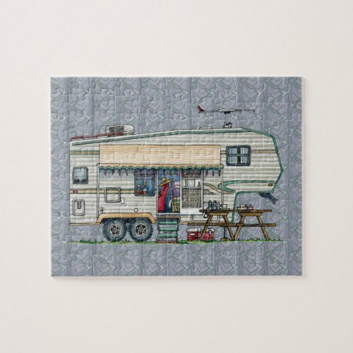 Cute RV Vintage Fifth Wheel Camper Travel Trailer Jigsaw Puzzle