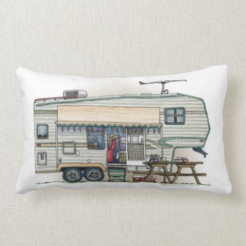 Cute Rv Vintage Fifth Wheel Camper Travel Trailer Lumbar Pillow by art1st at Zazzle